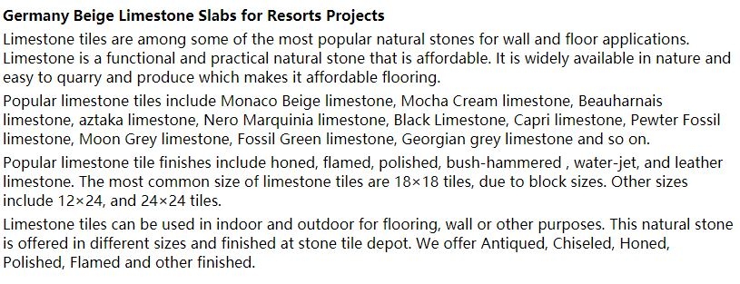 Germany Beige Limestone Slabs for Resorts Projects