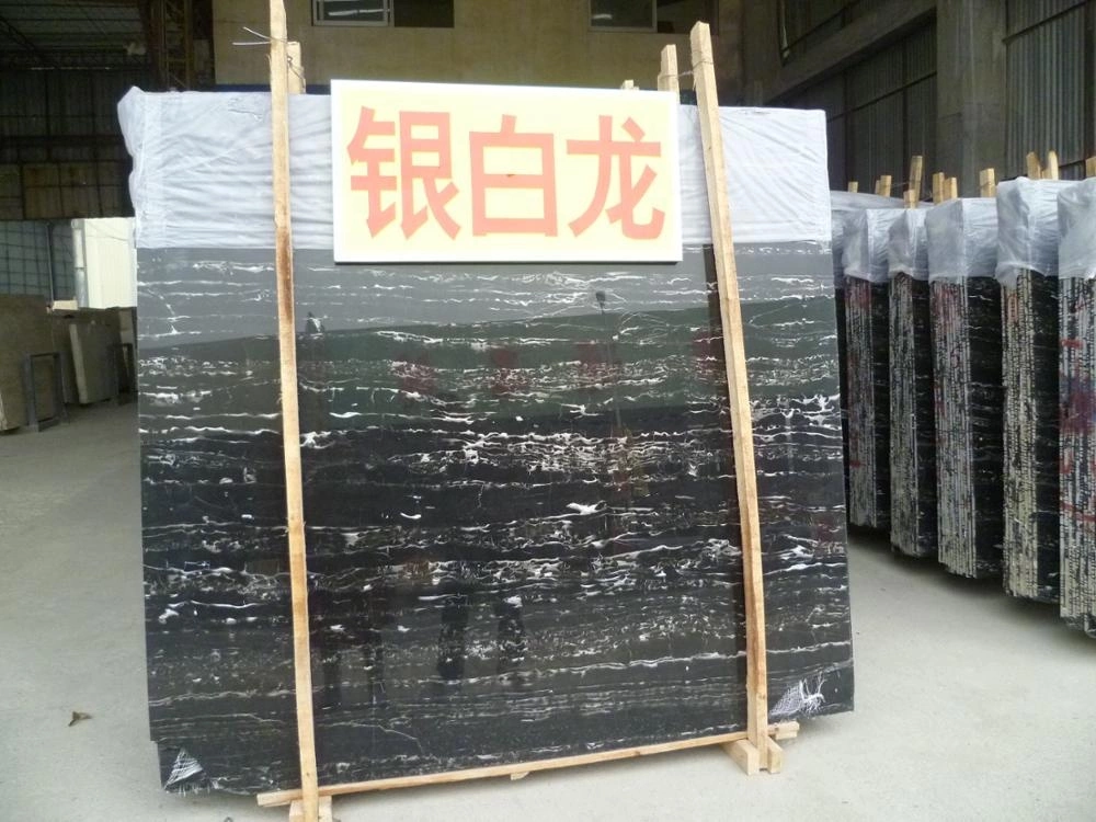 Chinese Silver Dragon Black Marble Tile