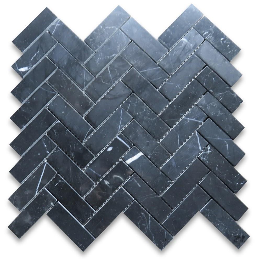 Black Marquina Marble Herringbone Mosaic Tiles