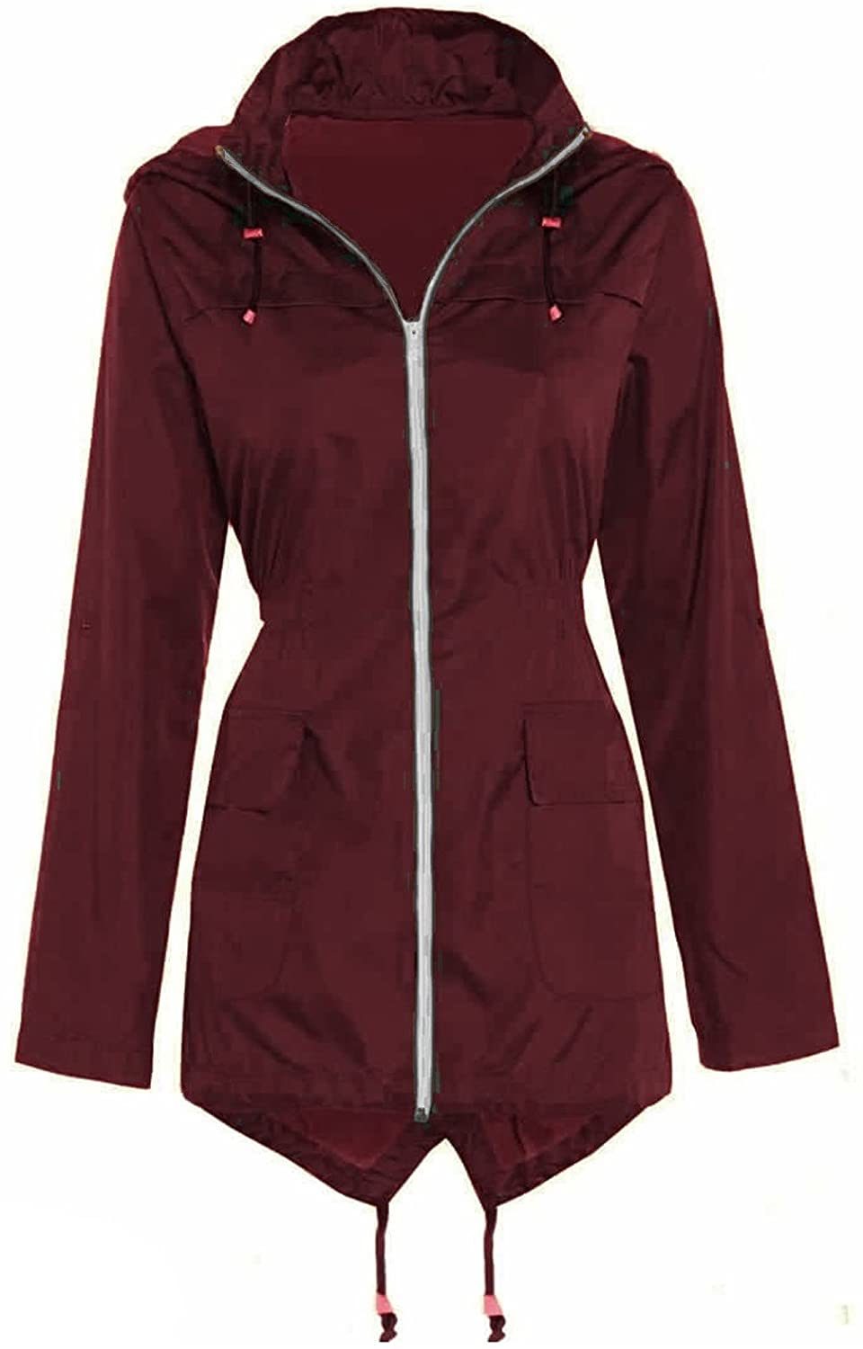 Mujeres Plain Fishtail Hooded Lightweight Rain Parka Polyester Ladies Raincoat Jacket Two Pockets Plus Size