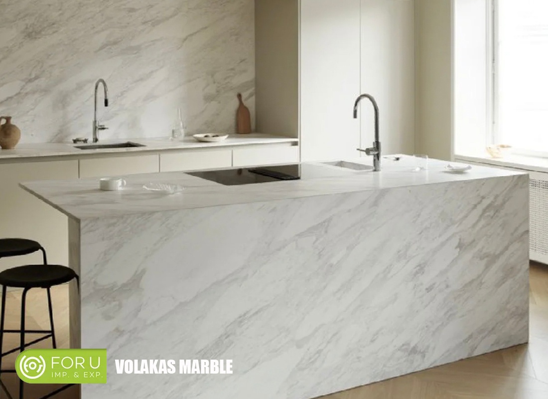 Volakas Marble Kitchen Waterfall Countertops projects | FOR U STONE