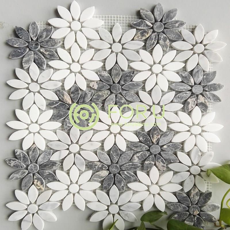 Flower Pattern White Carrara Waterjet Marble Mosaic for Marble Mosaic Kitchen Backsplash or Marble Mosaic floor 