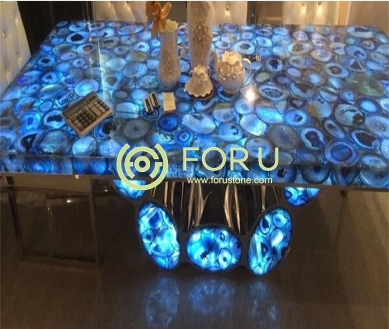 Beautiful luxury decoration polished Blue agate stone table top from agate stone slab