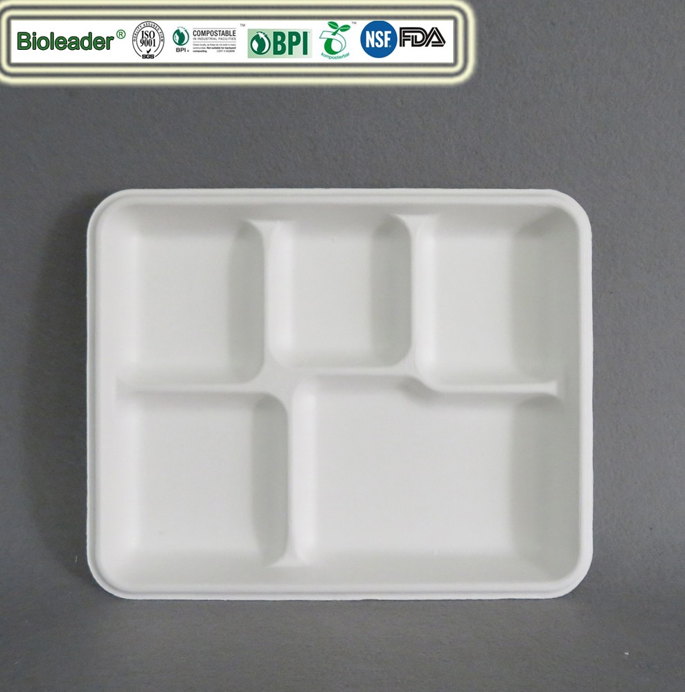 Disposable 5 Compartment Plates Paper Lunch Tray with Lid