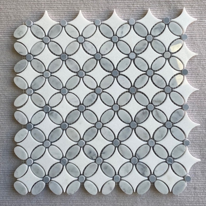 Thassos White Marble with Carrara White Dots Flower Pattern Mosaic Tile